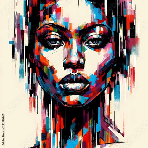 Abstract digital portrait of a woman with colorful geometric shapes and fragmented features