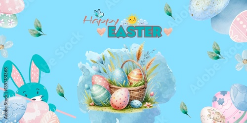 Cute Calligraphy Happy Easter With Bunny and Eggs on Blue Illustration Vector. Trendy Easter Greeting Card Banner Poster for Social Media. Top View, Holiday, Celebration, Pattern, Rabbit, Spring
