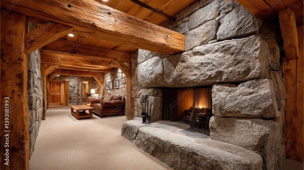 Cozy basement den featuring a rustic stone fireplace and exposed wooden beams - lighting Hygge chic Coziness Cozy basement den featuring a rustic stone fireplace and exposed wooden beams - lighting Hygge chic Coziness