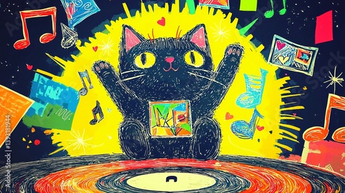 Groovy Feline Melodies A Cat s Dance on Vinyl with Musical Notes and Hearts Artwork of excellence.
