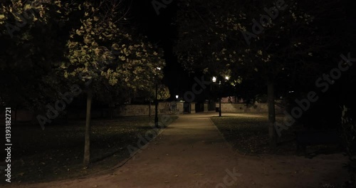 Walking at night in the church garden