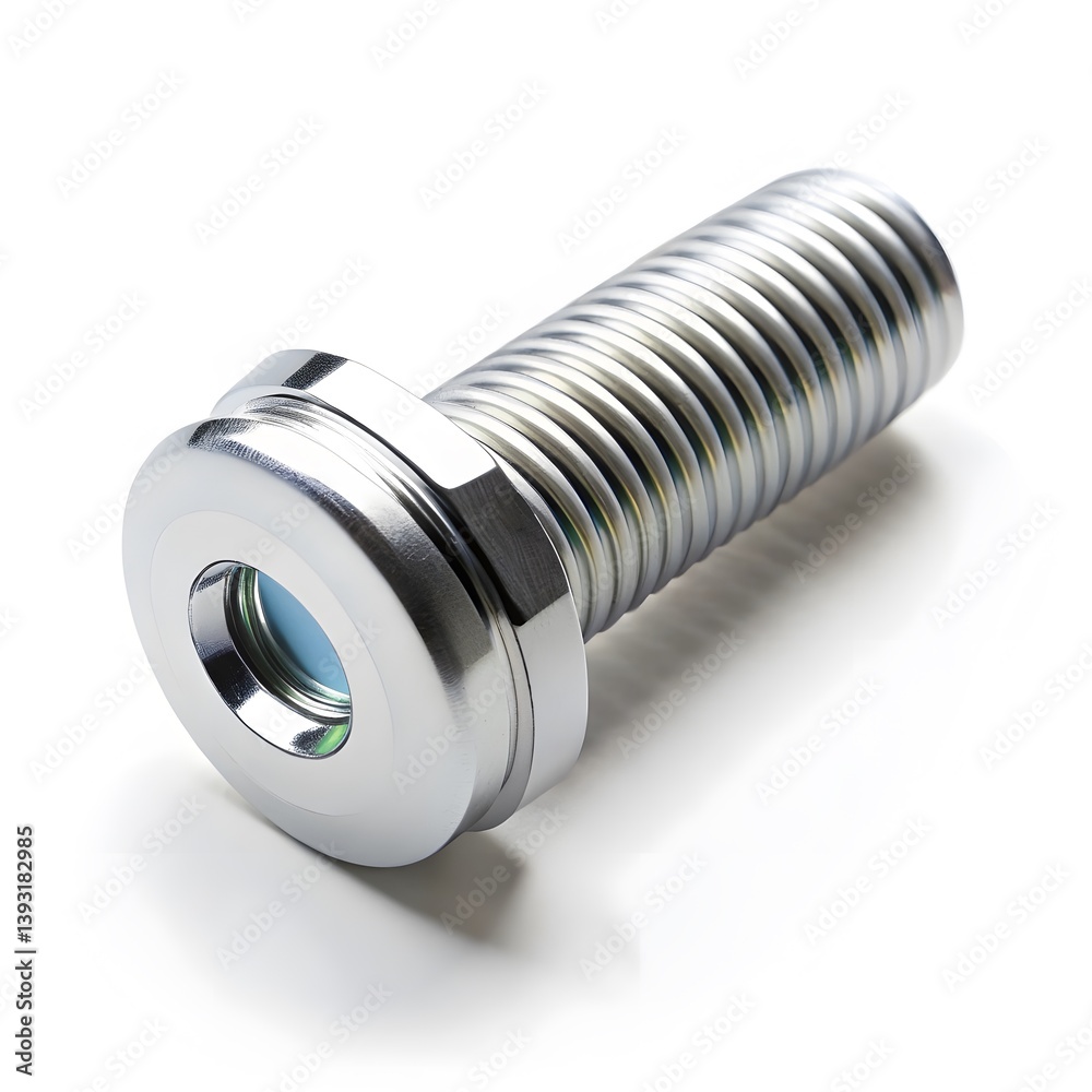 Close-up of a metallic threaded component with a lens Close-up of a metallic threaded component with a lens
