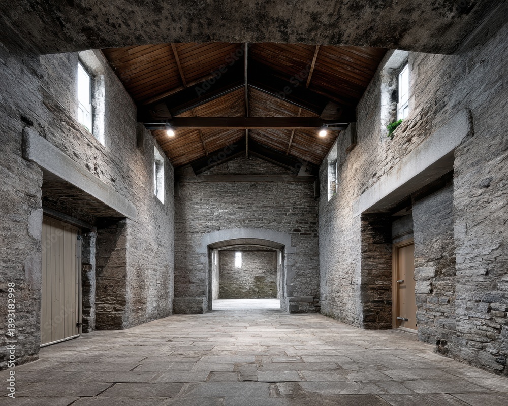 Fototapeta premium High vaulted stone arches dominate a medieval hall, worn flagstones underfoot, echoing silence - castle high structure hall
