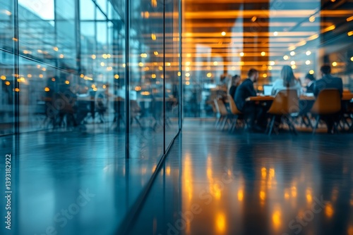 Modern Office Interior Reflection Glass Wall with People Having Meeting Business Teamwork and Collaboration in Corporate Setting : Generative AI