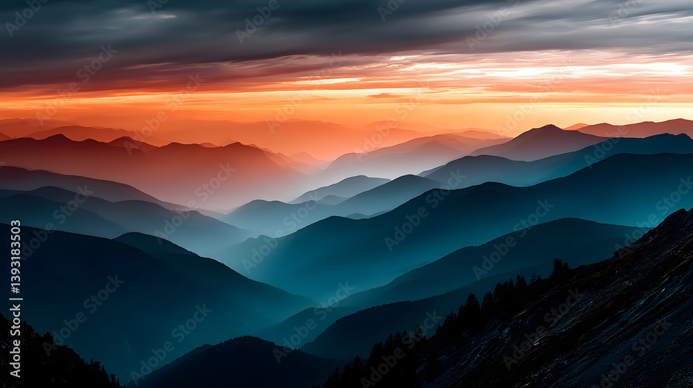 Obraz premium Mountains bathed in the last rays of sunlight under a colorful sky.