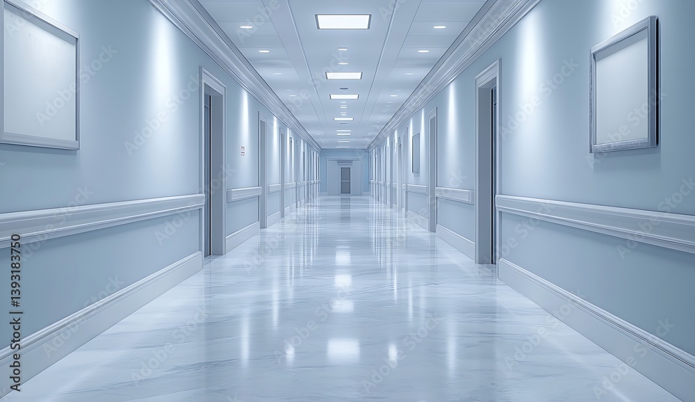 Symmetrical Hospital Corridor with Modern Lighting and Clean Design Featuring Walls Doors and Marble Floors : Generative AI Symmetrical Hospital Corridor with Modern Lighting and Clean Design Featuring Walls Doors and Marble Floors : Generative AI