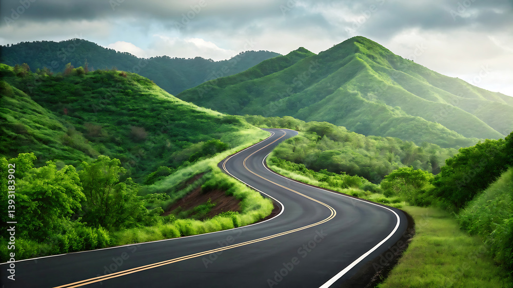 Winding road through green mountain landscape scenic drive destination Winding road through green mountain landscape scenic drive destination
