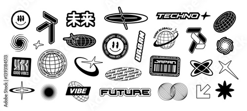 Y2k logotypes and emblems in cyberpunk style for clothes print design set 1. Vintage futuristic japanes stickers set in Techno Rave style. Retro Asian 90s - 2000s apparel signs and pins