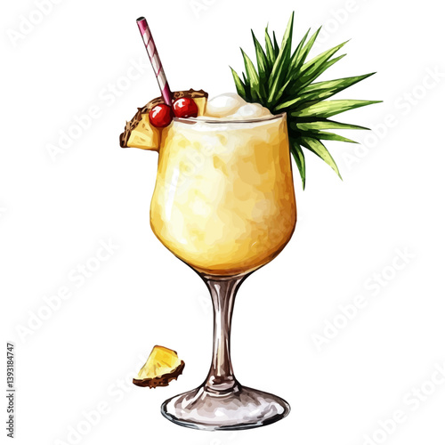 A watercolor vector illustration of a piña colada, isolated on a white background.

