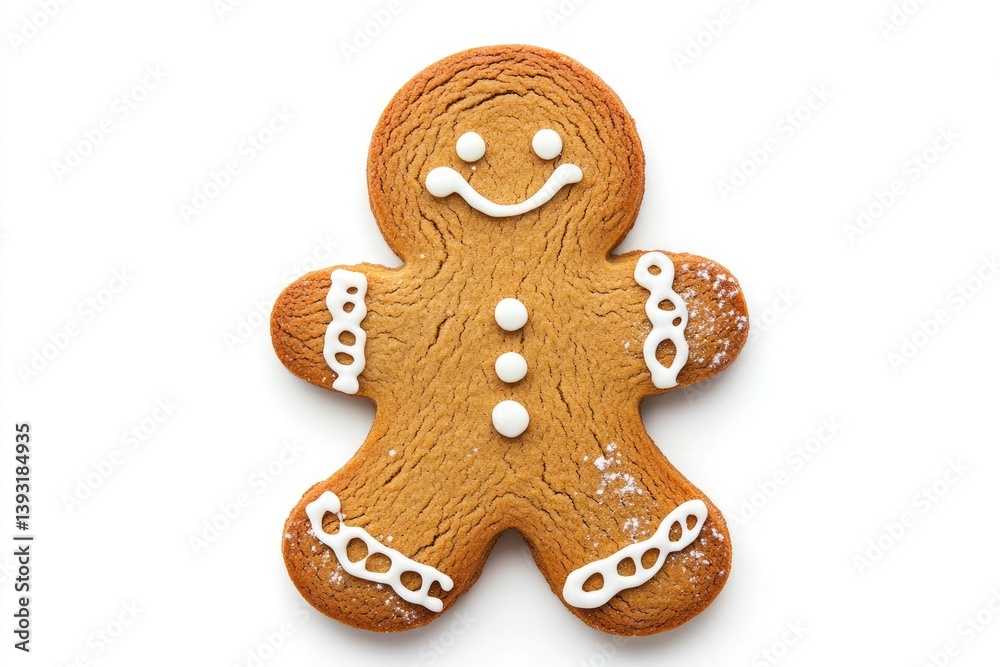 A gingerbread man cookie with white icing on a white background in a studio shot close up view A gingerbread man cookie with white icing on a white background in a studio shot close up view