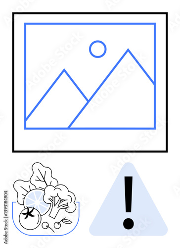 Geometric landscape line art, a bowl of fresh vegetables, and a caution triangle. Ideal for health posters, eco-living concepts, food safety, mindful eating, diet planning, health awareness