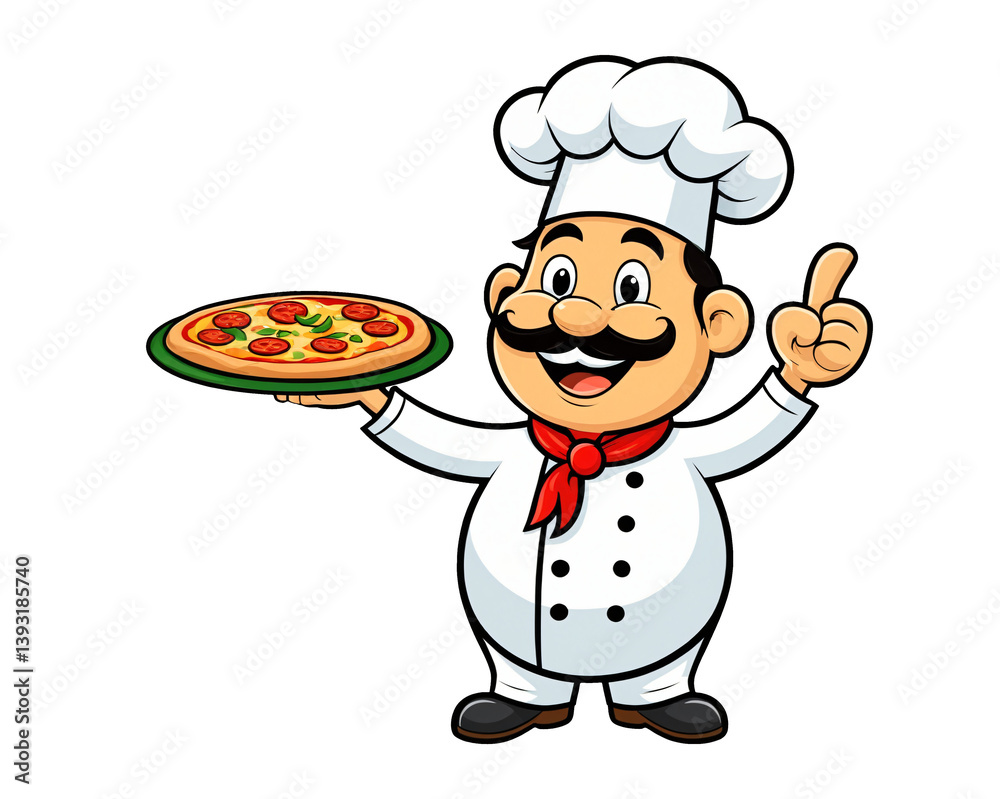 chef holding pizza with pointing gesture