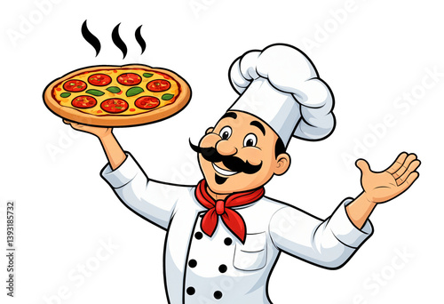 Obraz na płótnie chef presenting pizza with open hand gesture w salonie