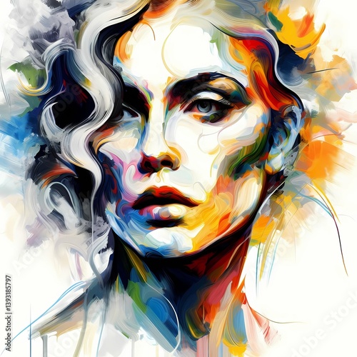 Impressionistic abstract portrait of a woman with swirling colorful brushstrokes and silver hair