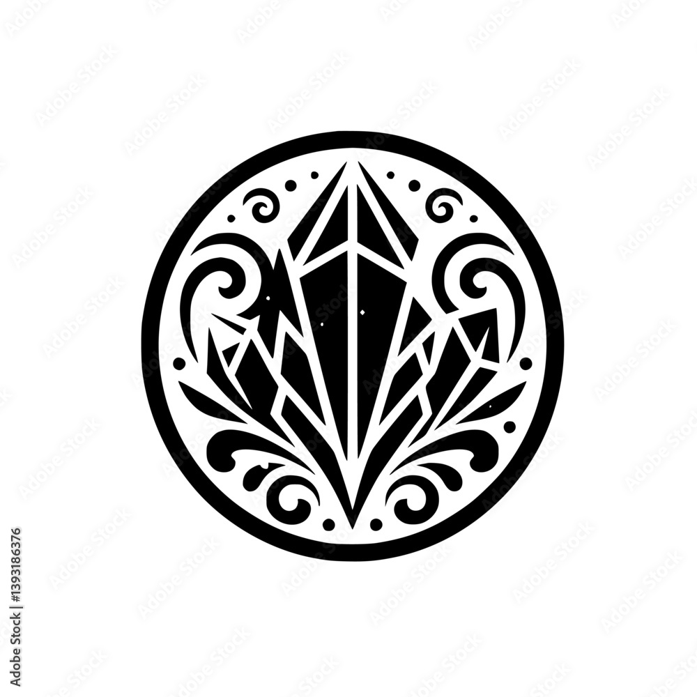 Elegant Geometric Crystal Design in Circular Frame, Black & White Elegant Geometric Crystal Design in Circular Frame, Black & White
