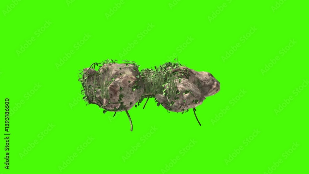A realistic green screen render of 3d rock and flowers green screen with chroma key background, designed for motion graphics and stock libraries.