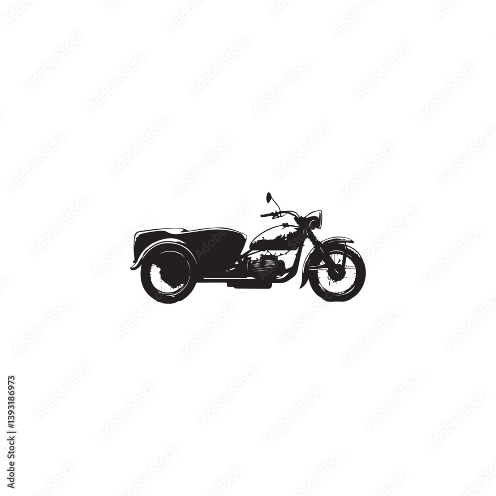 image of a heavy motorcycle with a sidecar, side view, vector, black and white graphics
image of a heavy motorcycle with a sidecar, side view, vector, black and white graphics