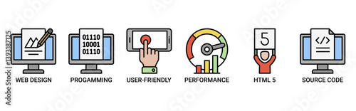 Mobile first icon set. Containing icon of web design, programming, user-friendly, performance, html5 and source code icons. Outline color vector symbol background.