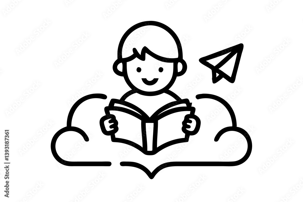 Fun and imaginative World Book Day illustration of a child reading, with clouds and a paper airplane flying, representing exploration through books Fun and imaginative World Book Day illustration of a child reading, with clouds and a paper airplane flying, representing exploration through books