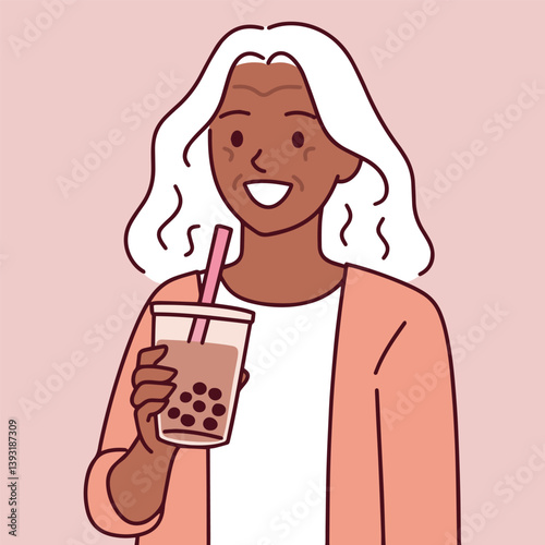 Dark-skinned elderly woman with white hair smiling and holding bubble tea, representing joyful senior lifestyle and modern beverage trends across generations