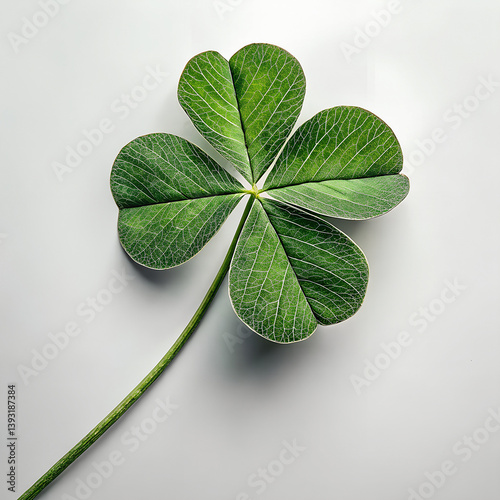 A closeup of a four-leaf clover isolated on white background with green leaves representing luck and nature