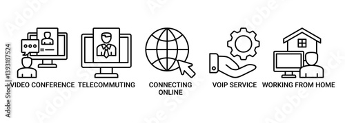 Remote Working icon set. Containing icon of video conference, telecommuting, connecting online, voip service, work from home icons. Outline vector symbol background.
