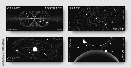 Set of abstract space astronomy horizontal backgrounds. Line art galaxy, universe, planet, solar system. Science future concept. Cosmic minimalist design for cover, poster, banner, flyer, brochure