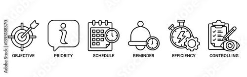 Time management icon set. Containing icon of objective, priority, schedule, reminder, efficiency, alerts, and controlling icons. Outline vector symbol background.