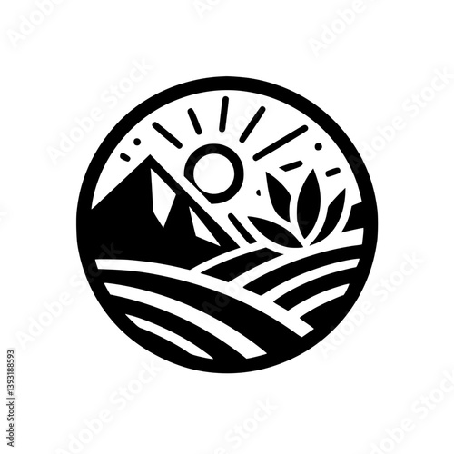 Minimalist Circle Logo: Landscape with Sun, Mountains, and Fields