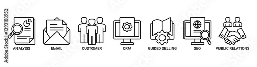 Inbound marketing icon set. Containing icon of analysis, email, customer, crm, guided selling, seo and public relations icons. Outline vector symbol background.