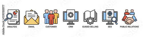 Inbound marketing icon set. Containing icon of analysis, email, customer, crm, guided selling, seo and public relations icons. Outline color vector symbol background.
