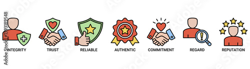 Credibility icon set. Containing icon of integrity, trust, reliable, authentic, commitment, regard, and reputation icons. Outline color vector symbol background.