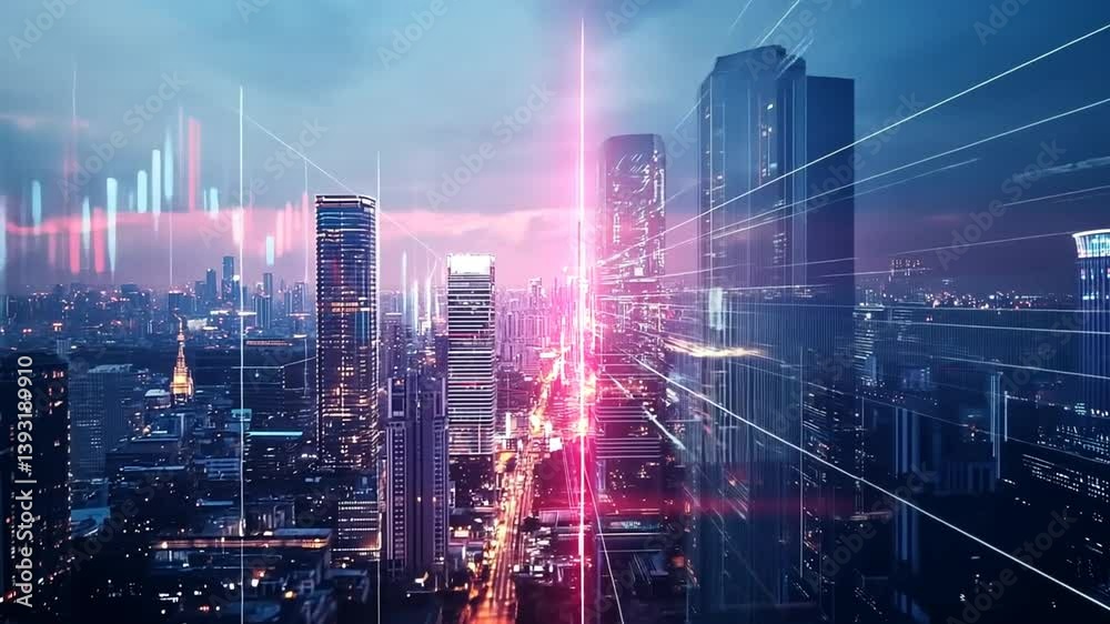 Futuristic cityscape with digital lines and data streams overlay, connecting the world