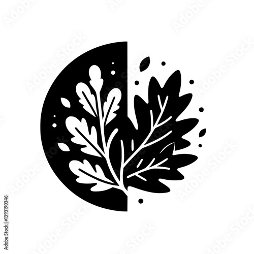 Black and White Leafy Composition in Circle Segment