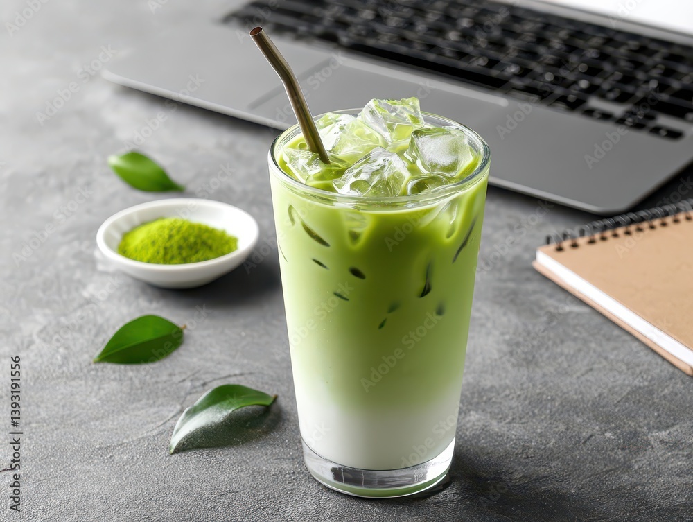 Refreshing Iced Matcha Latte in a Modern Lifestyle Setting with Laptop and Notebook Background Refreshing Iced Matcha Latte in a Modern Lifestyle Setting with Laptop and Notebook Background