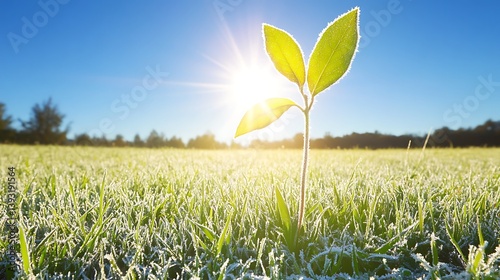 A small plant growing brightly in a beautiful sunny landscape