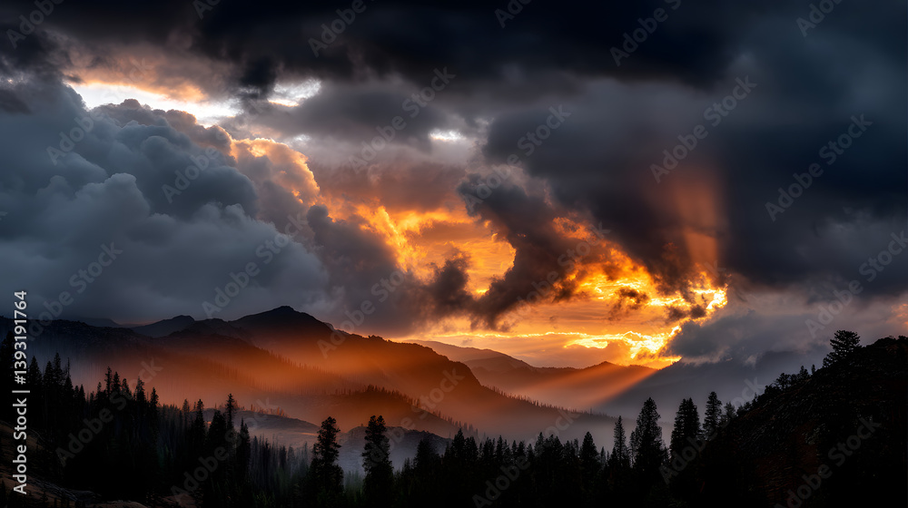 Naklejka premium Rays of orange and gold streak through clouds above mountain ridge.