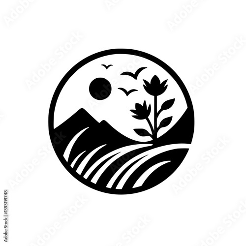 Minimalist Nature Logo: Mountain, Sun, Flowers, Birds in Circle, Black & White