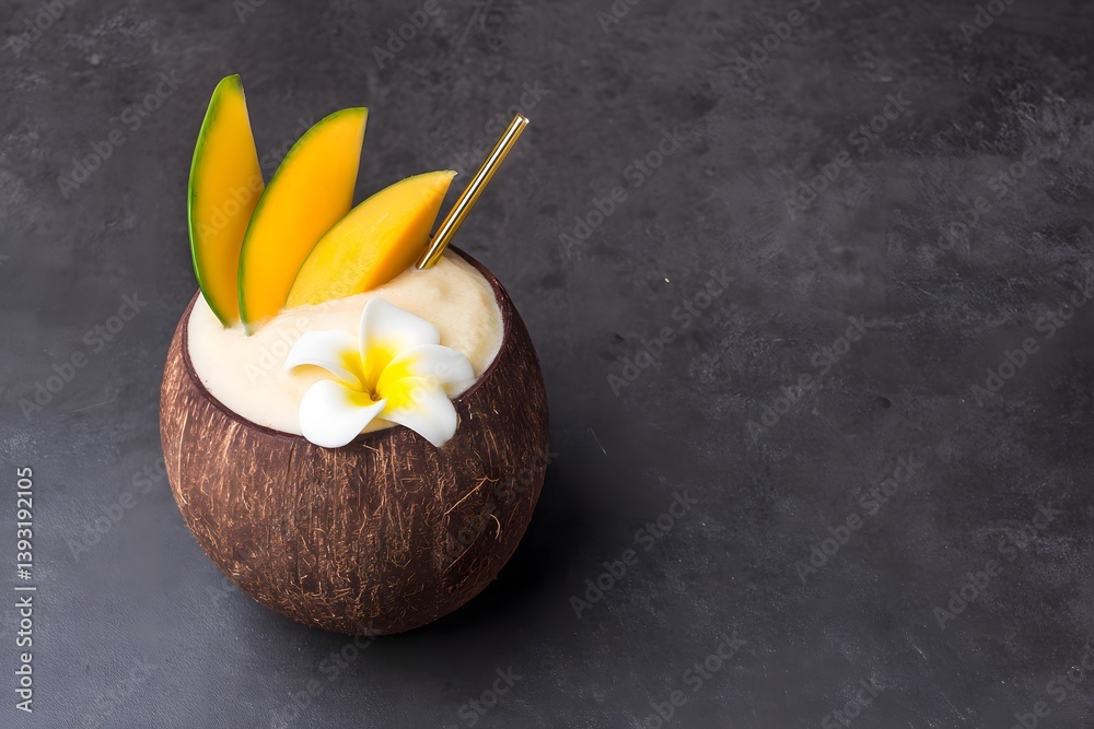 Mango Shake Served in a Coconut Shell With Fresh Toppings Mango Shake Served in a Coconut Shell With Fresh Toppings