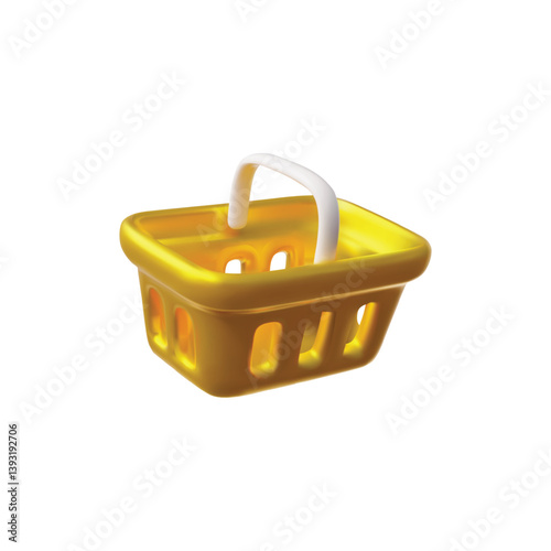 Realistic yellow shopping basket 3D plastic style vector icon, empty golden container for purchase, carrying handle box