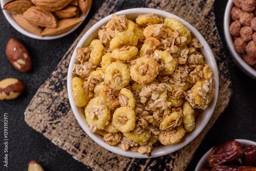 Flakes, chocolate balls and dried fruit for a hearty breakfast