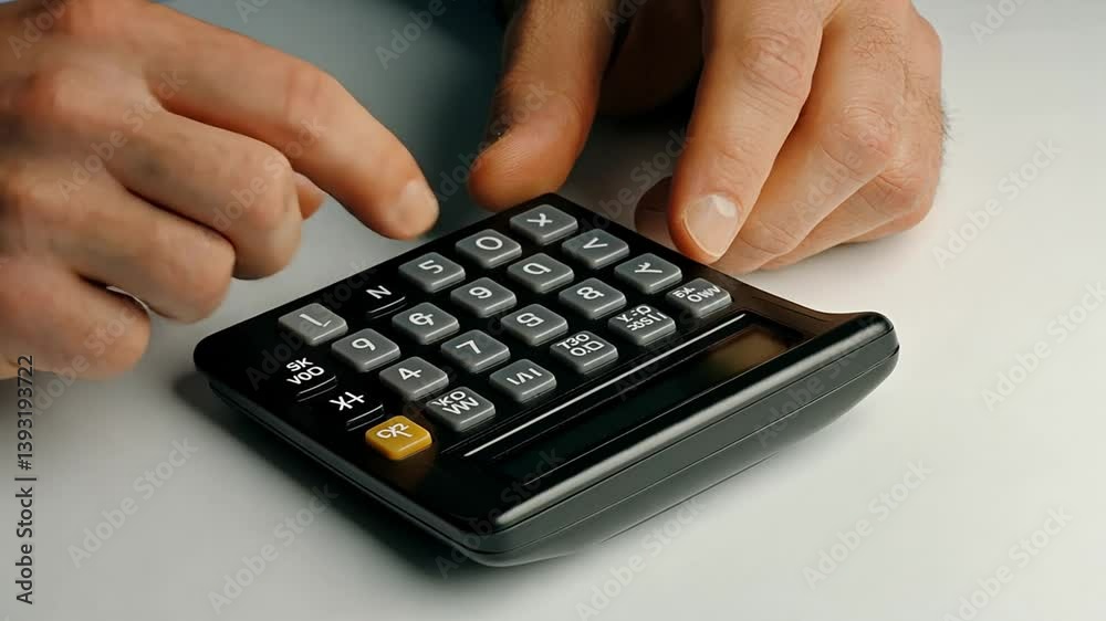 Close-up of Hand Using a Calculator for Financial Calculations and Data Analysis Close-up of Hand Using a Calculator for Financial Calculations and Data Analysis