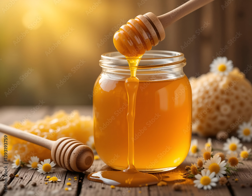 Golden Honey Pouring from Dipper into Jar with Honeycomb and Chamomile Flowers on Wooden Surface Golden Honey Pouring from Dipper into Jar with Honeycomb and Chamomile Flowers on Wooden Surface