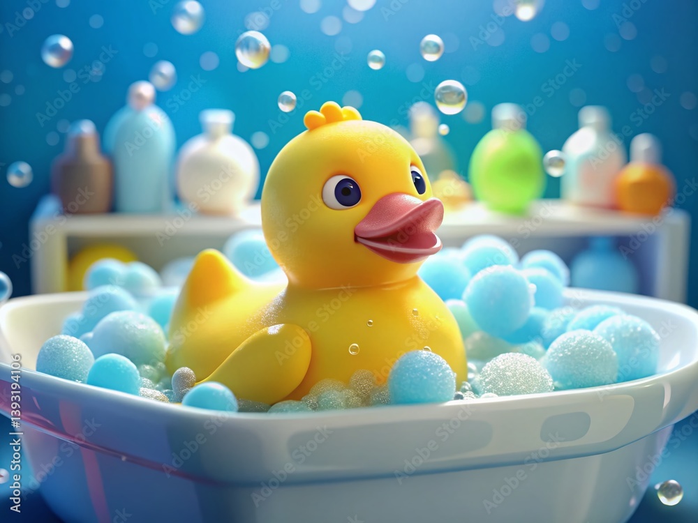 Yellow Rubber Duck in a Bubble Bath with Bottles