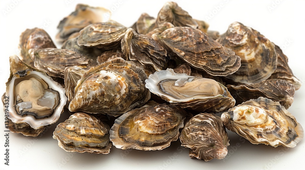 A pile of oysters, a staple food, on a white background, a natural food source A pile of oysters, a staple food, on a white background, a natural food source