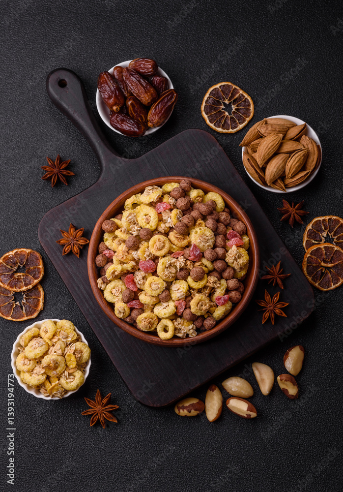 Flakes, chocolate balls and dried fruit for a hearty breakfast Flakes, chocolate balls and dried fruit for a hearty breakfast