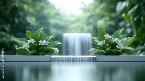 Paradise landscape with beautiful gardens, waterfalls and flowers, magical idyllic heavenly view with beautiful fantastic flowers in Eden
