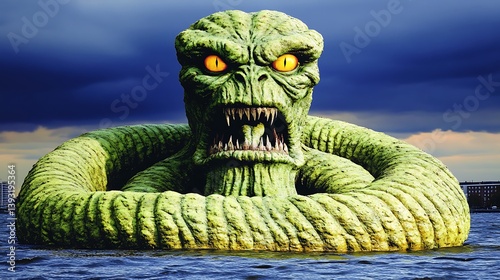 A monstrous green creature emerges menacingly from the ocean waters photo