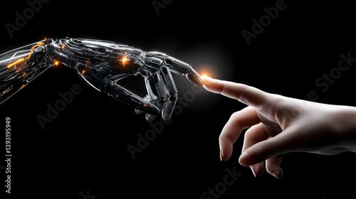 Human and robotic fingers nearly touching in a symbolic representation of connection and innovation
