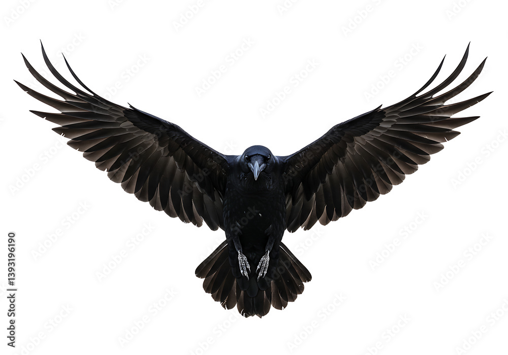Obraz premium A solitary raven soaring with wings spread wide against isolated on white background